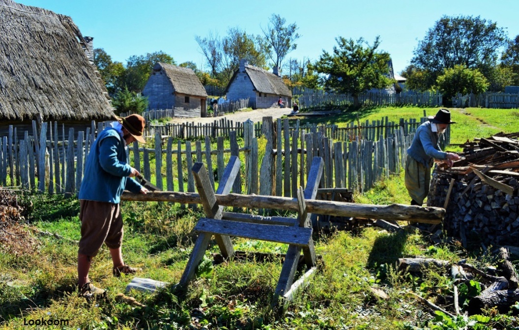 Reconstruction of the first village built by the Mayflower occupants in 1620